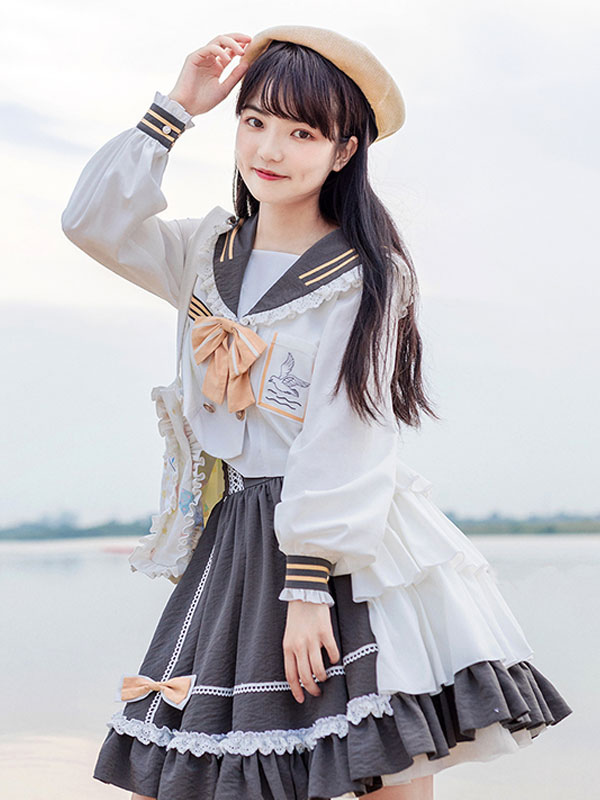 甘いロリータOPドレスポリエステル長袖フリル弓白カジュアルロリータワンピースドレスの通販はゴシック・ロリータ