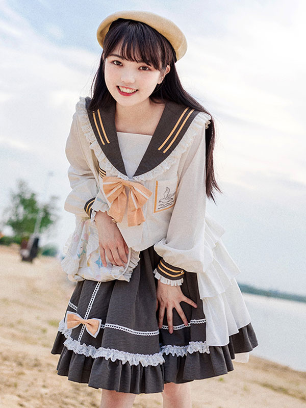 甘いロリータOPドレスポリエステル長袖フリル弓白カジュアルロリータワンピースドレスの通販は 甘いロリータOPドレスポリエステル長袖フリル弓白カジュアルロリータワンピースドレスの通販は