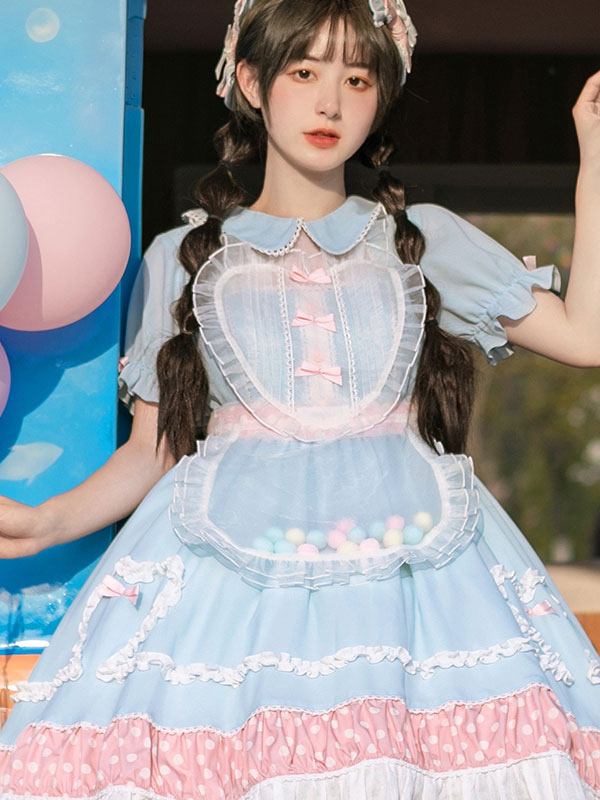 スウィートロリータOPワンピースライトブルーピンクツートン水玉柄半袖ロリータワンピースワンピースの通販は