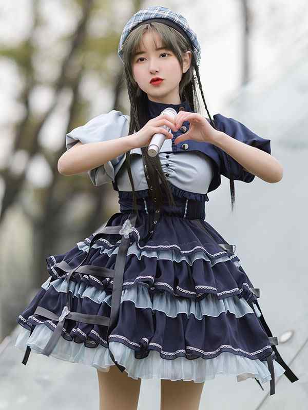 甘いロリータJSKドレス2ピースセットブルーネイビーツートーンパターンフリルジャンパースカートオーバーコートアイドルロリータドレスの通販は