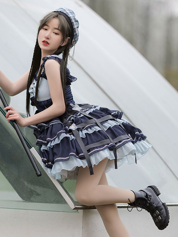 甘いロリータJSKドレス2ピースセットブルーネイビーツートーン