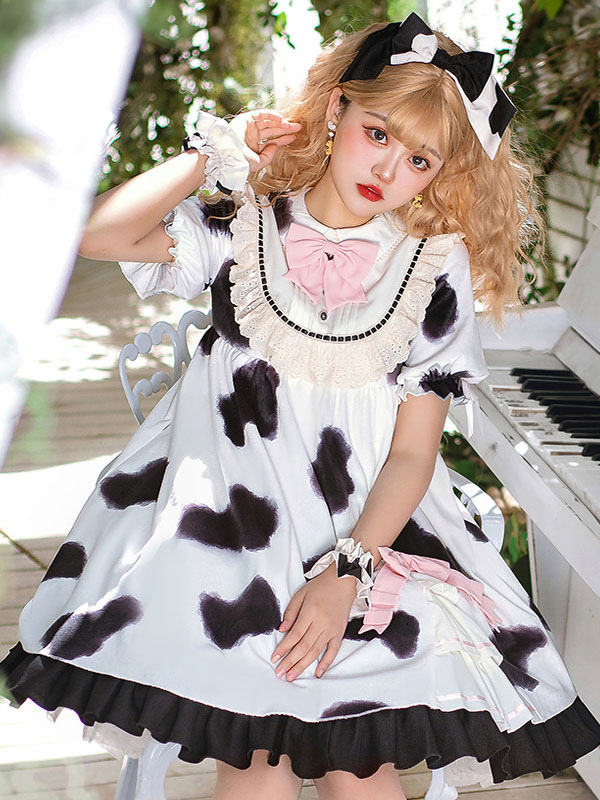 甘いロリータOPドレス白い牛柄ポリエステル半袖甘いロリータワンピース
