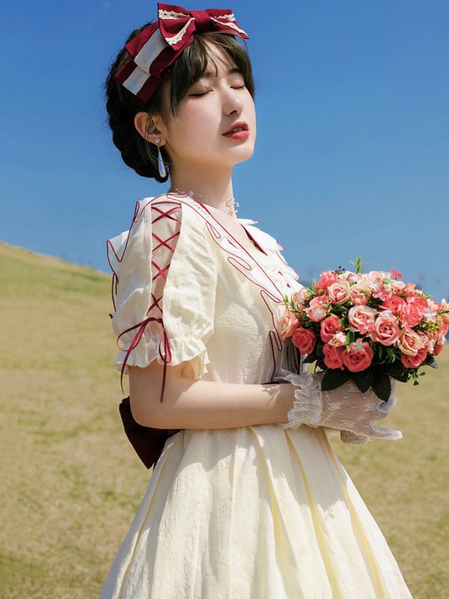 クラシックロリータOPドレスブルゴーニュ半袖ボウパールフリルロリータワンピースドレス クラシックロリータOPドレスブルゴーニュ半袖ボウパールフリルロリータ