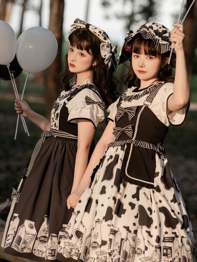 スウィートロリータオプトドレス2ピースセットジュエルネックポリエステルノースリーブ牛パターンフリルスウィートロリータドレス衣装の通販はゴシック・ロリータ