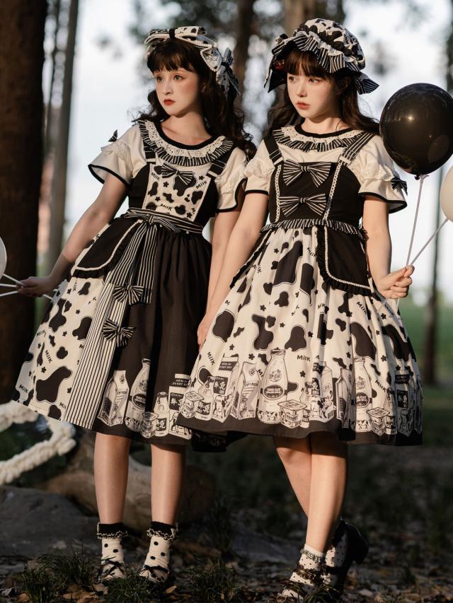 スウィートロリータオプトドレス2ピースセットジュエルネックポリエステルノースリーブ牛パターンフリルスウィートロリータドレス衣装の通販は