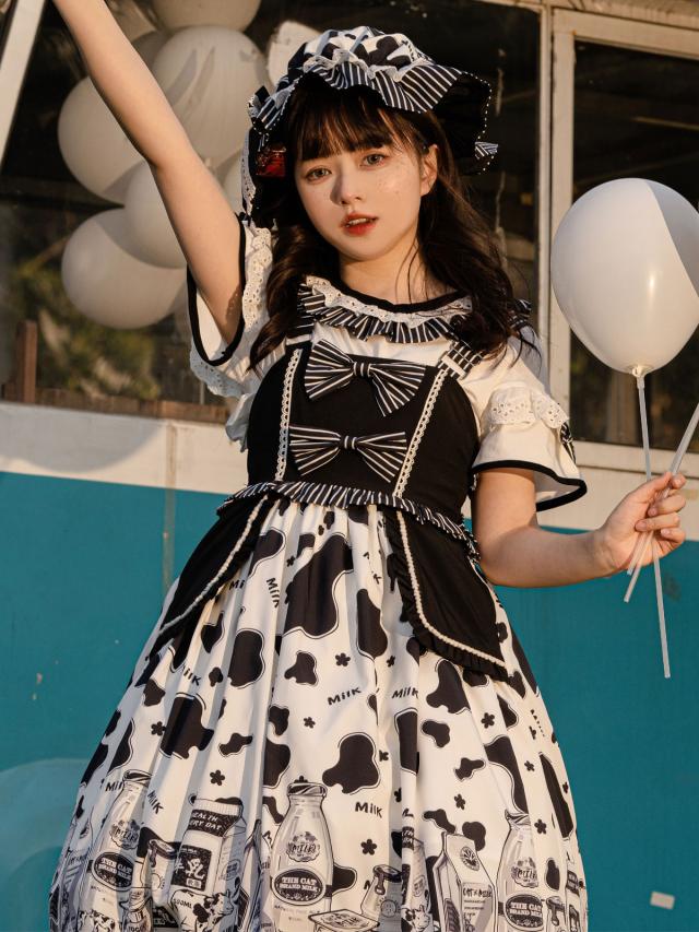 スウィートロリータオプトドレス2ピースセットジュエルネックポリエステルノースリーブ牛パターンフリルスウィートロリータドレス衣装の通販は