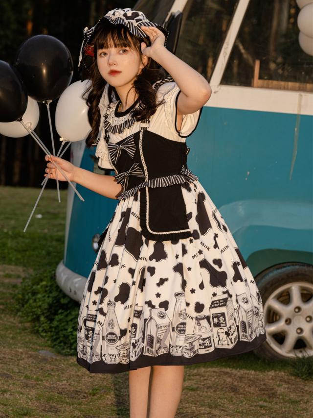 スウィートロリータオプトドレス2ピースセットジュエルネックポリエステルノースリーブ牛パターンフリルスウィートロリータドレス衣装の通販は