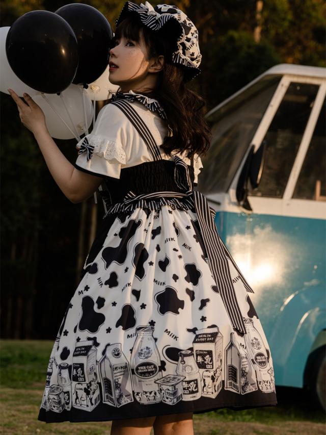 スウィートロリータオプトドレス2ピースセットジュエルネックポリエステルノースリーブ牛パターンフリルスウィートロリータドレス衣装の通販は