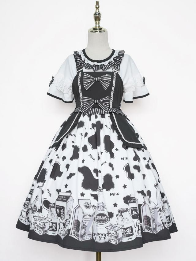 スウィートロリータオプトドレス2ピースセットジュエルネックポリエステルノースリーブ牛パターンフリルスウィートロリータドレス衣装の通販は