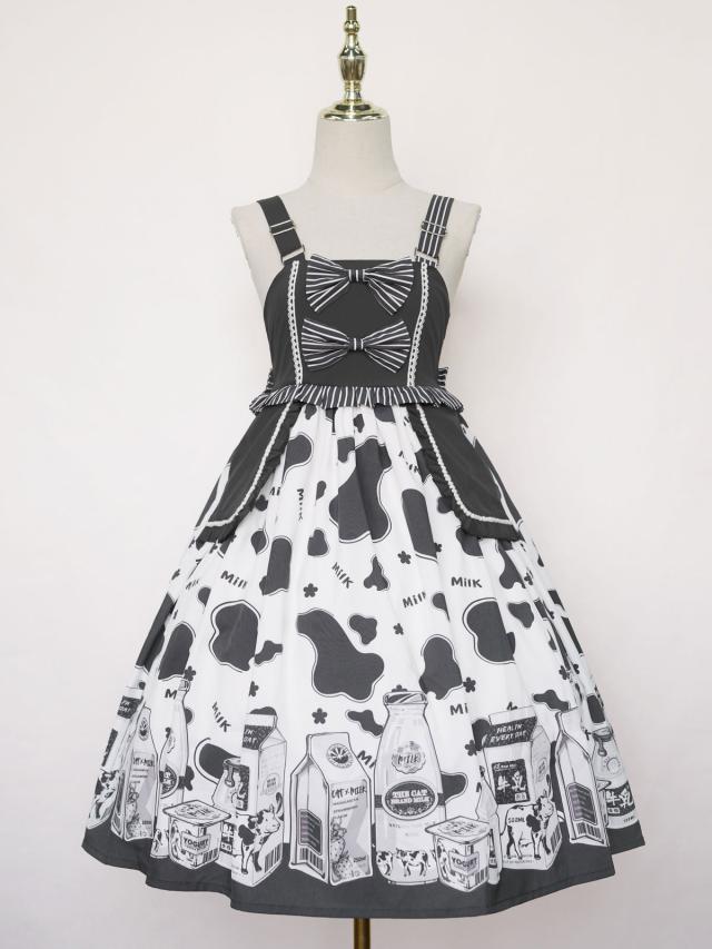 スウィートロリータオプトドレス2ピースセットジュエルネックポリエステルノースリーブ牛パターンフリルスウィートロリータドレス衣装の通販は