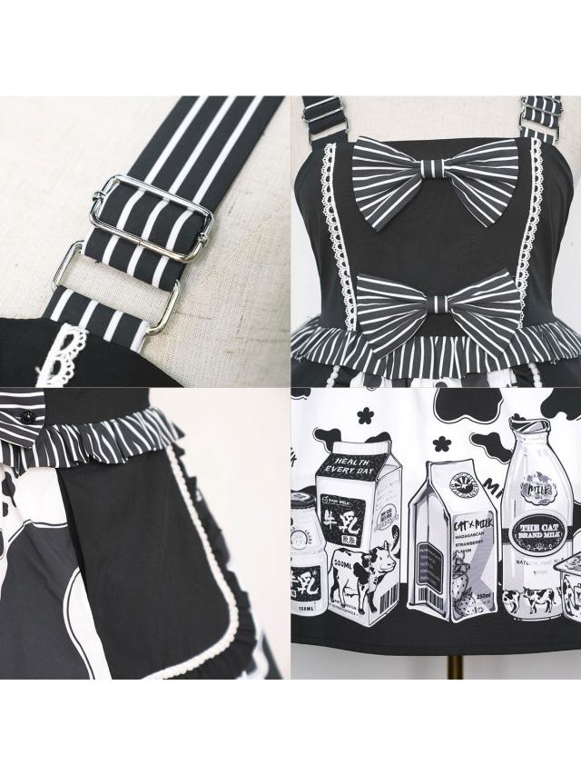 スウィートロリータオプトドレス2ピースセットジュエルネックポリエステルノースリーブ牛パターンフリルスウィートロリータドレス衣装の通販は