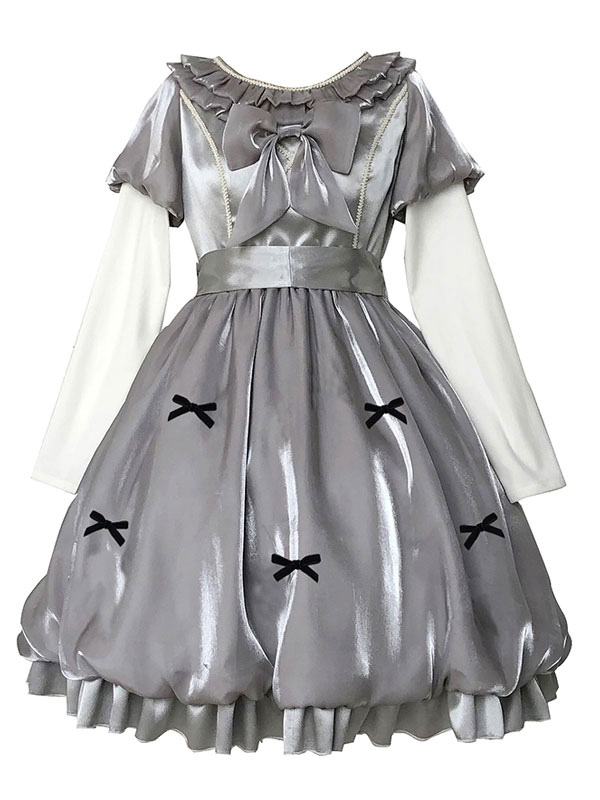 甘いロリータ OP ドレス ポリエステル 長袖 リボン フリル ライト