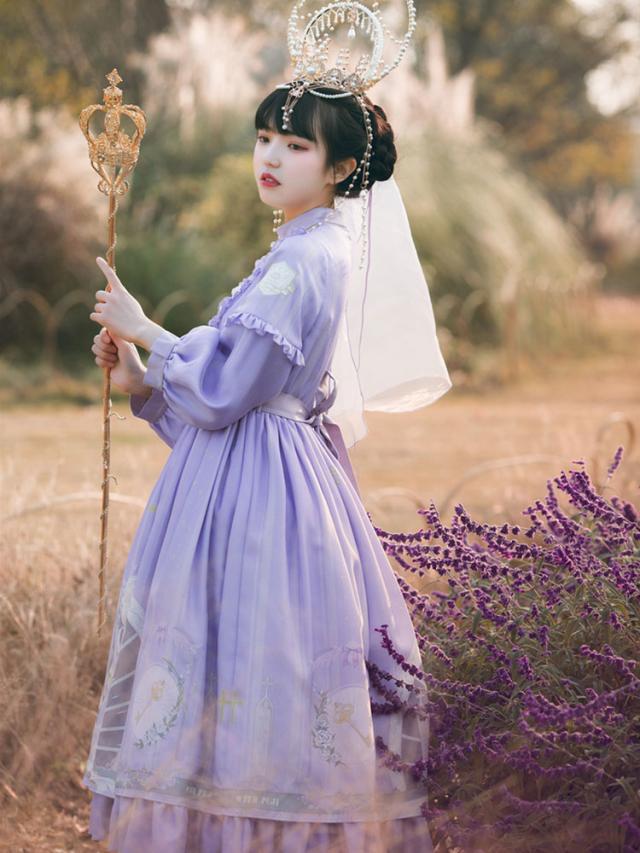スウィートロリータ OP ドレス ポリエステル ロングスリーブ パープル ロリータ ワンピース ドレス スウィートロリータドレス \u2013 パステル、レース、かわいいスタイル