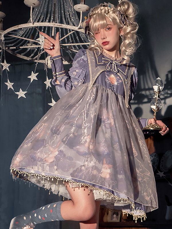 スウィートロリータ OP ドレス ポリエステル ロングスリーブ パープル ロリータ ワンピース ドレス