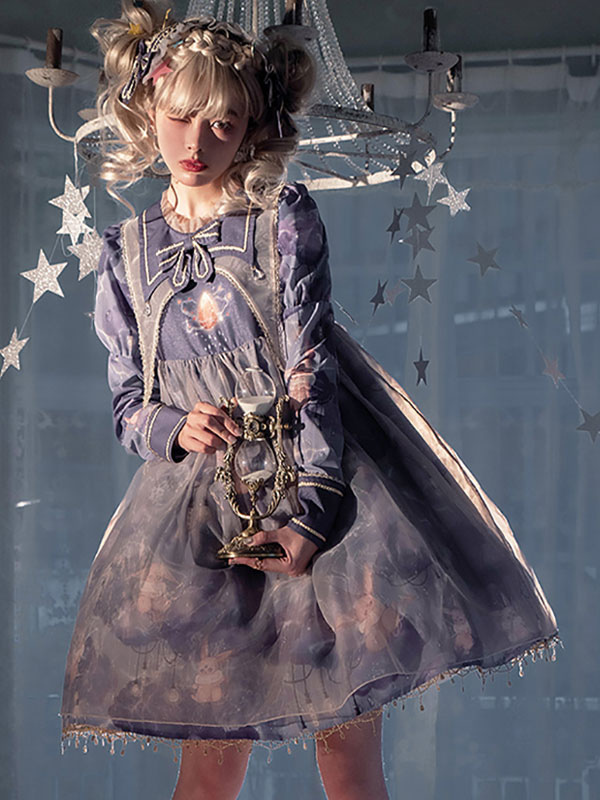 スウィートロリータ OP ドレス ポリエステル ロングスリーブ パープル ロリータ ワンピース ドレス スウィートロリータドレス \u2013 パステル、レース、かわいいスタイル