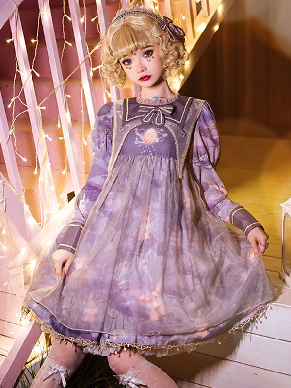 スウィートロリータ OP ドレス ポリエステル ロングスリーブ パープル ロリータ ワンピース ドレス スウィートロリータドレス \u2013 パステル、レース、かわいいスタイル