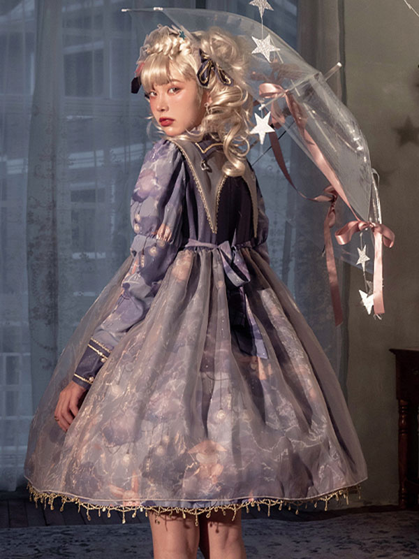 スウィートロリータ OP ドレス ポリエステル ロングスリーブ パープル ロリータ ワンピース ドレス スウィートロリータドレス \u2013 パステル、レース、かわいいスタイル