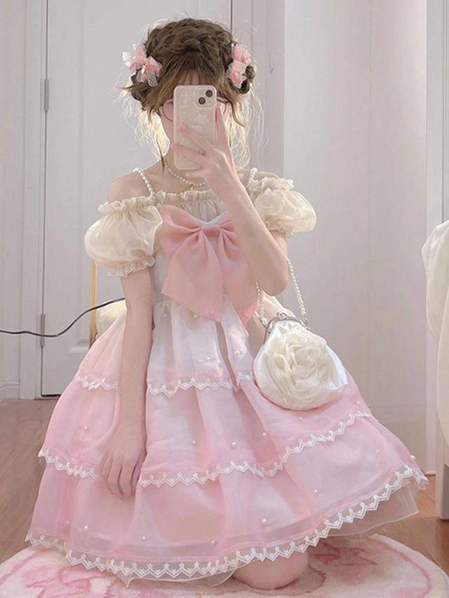 甘いロリータOPドレスポリエステル半袖フリルスライバースウィート