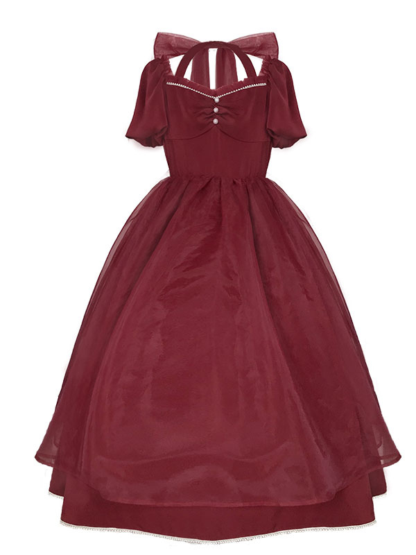 クラシックロリータOPドレスブルゴーニュ半袖ボウパールフリルロリータ