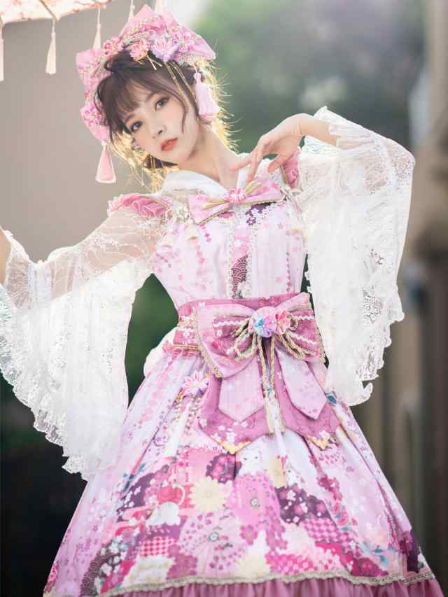 和風Lolita Costumesロリータドレスポリエステル弓花柄プリントキモノ