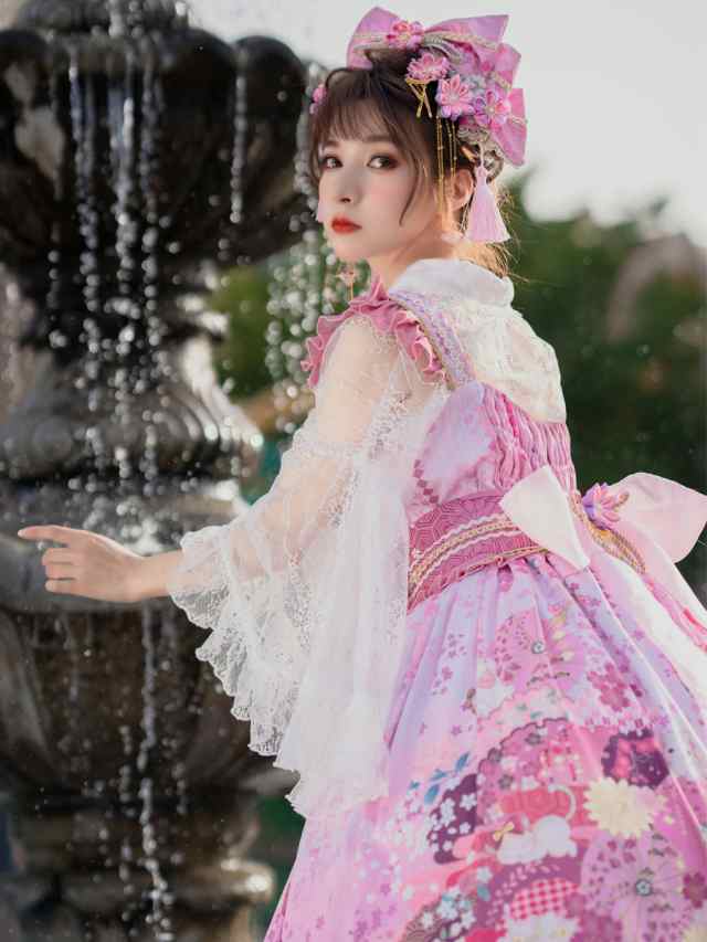 和風Lolita Costumesロリータドレスポリエステル弓花柄プリントキモノ