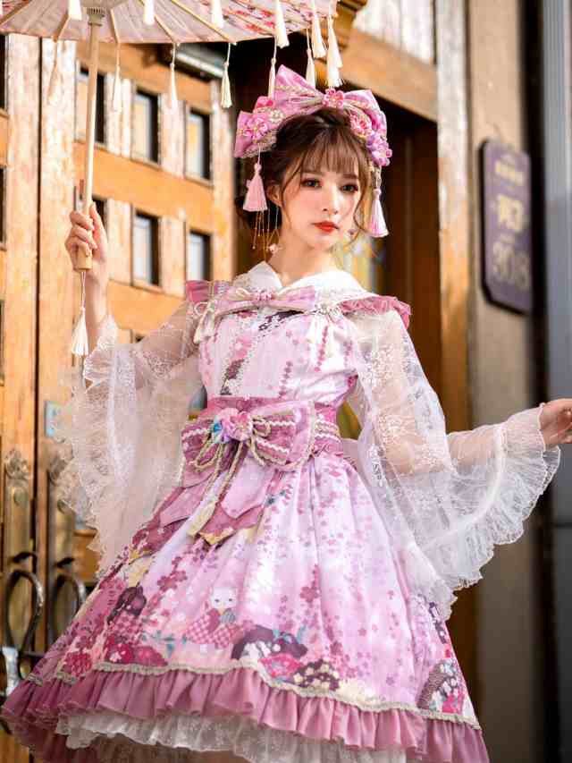 和風Lolita Costumesロリータドレスポリエステル弓花柄プリントキモノ