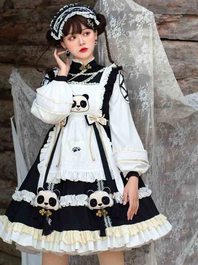 チャイニーズスタイルロリータOPドレス4ピースセットホワイトブラックパンダパターン長袖ティーパーティーロリータ衣装の通販は