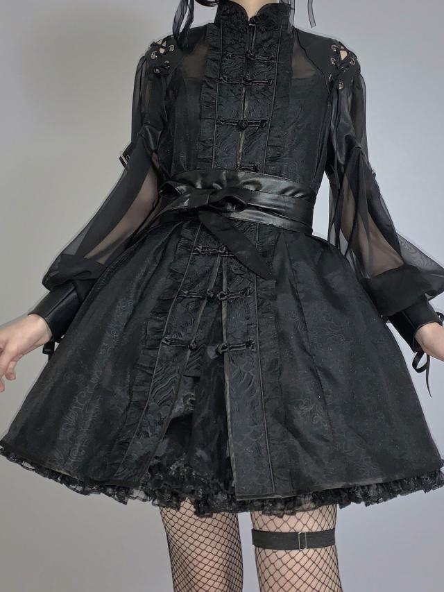 中国風ロリータオプドレスブラックロングスリーブフリルポリエステル