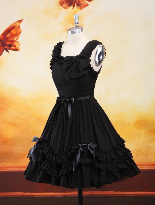 ゴスロリ ロリィタジャンパースカート ブラック リボン スクエアネック