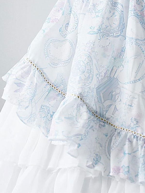 クラシカル系ロリータ ドレス ジャンパー スカート アンティーク時計プリント シフォン フリル付き弓層状ジャンパー スカート クラシカル系ロリータ ドレス ジャンパー スカート アンティーク時計