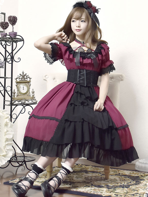 ロリィタジャンパースカート フリル スウィート シフォン ラウンドネック カジュアル 2カラーブロック の通販は ロリィタジャンパースカート フリル スウィート シフォン ラウンドネック カジュアル 2カラーブロック の通販は