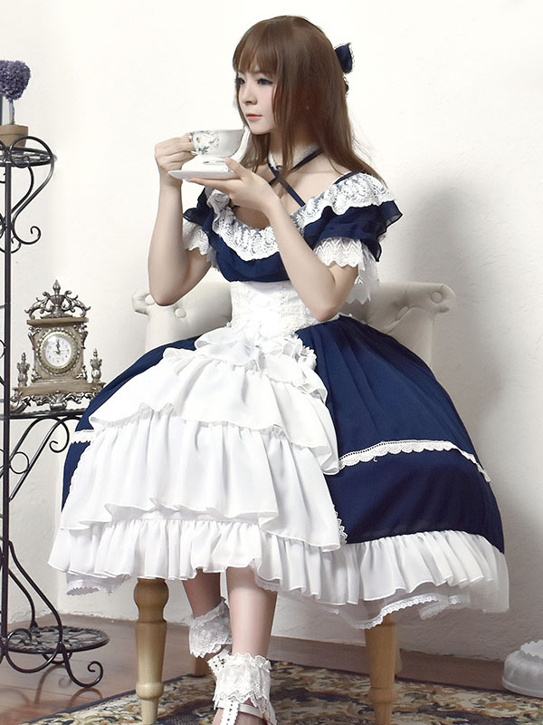 ロリィタジャンパースカート フリル スウィート シフォン ラウンドネック カジュアル 2カラーブロック の通販は ロリィタジャンパースカート フリル スウィート シフォン ラウンドネック カジュアル 2カラーブロック の通販は