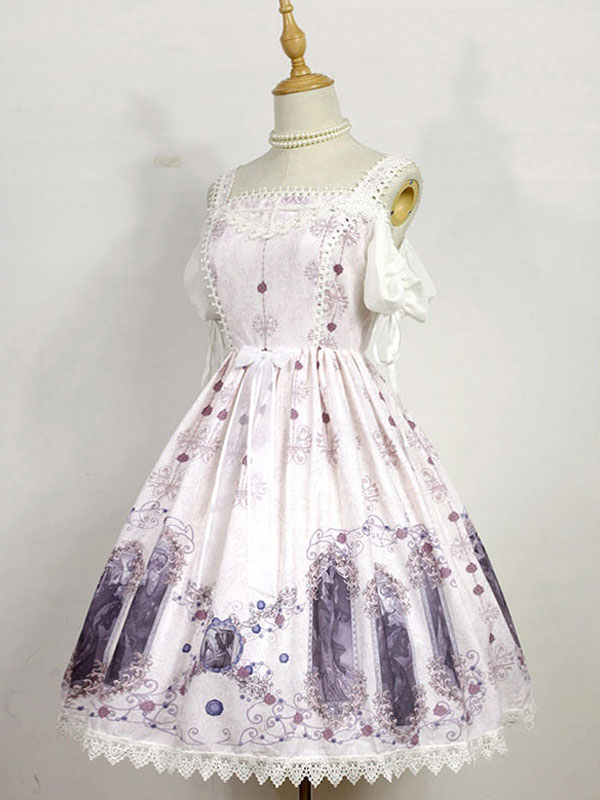 ロリィタドレス　ロココ調　スクエアネック　ポリエステル　プリント柄　お茶会 ロリィタドレス ロココ調 スクエアネック ポリエステル プリント柄