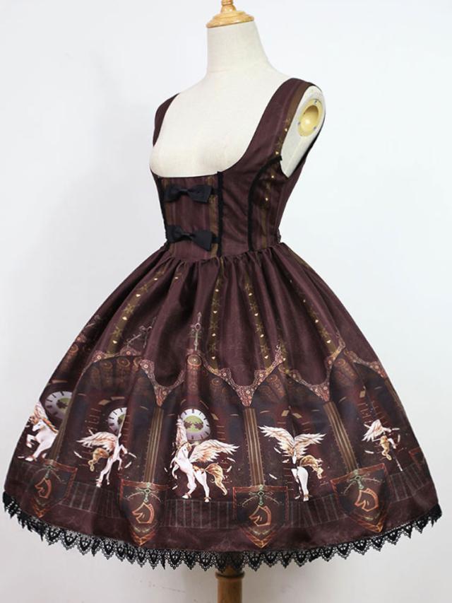 ロリィタジャンパースカート　クラシック＆トラディション　プランジングネック　ポリエステル　プリント柄　お茶会 ロリィタジャンパースカート クラシック＆トラディション プランジング