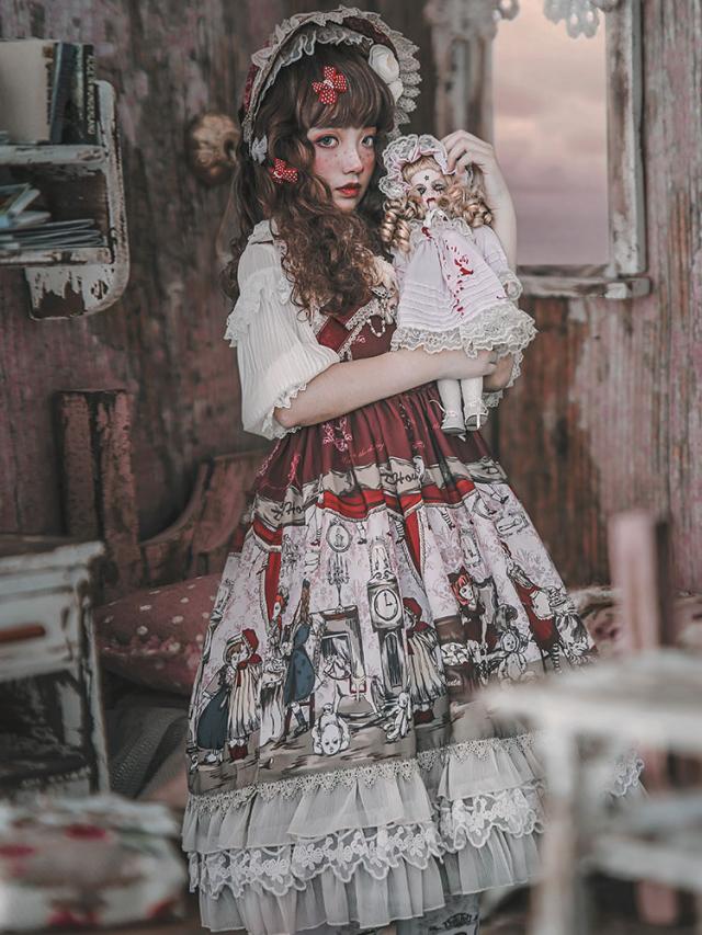 甘いロリータJSKジャンパースカートInfantaDollHouseノースリーブシフォンフリルおとぎ話プリントダークブラウンロリー