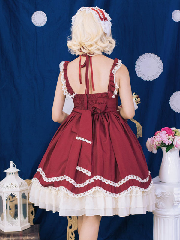 古典的なロリータJSKドレスネバーランドフリルボウレースパールポンポンロリータジャンパースカート 古典的なロリータJSKドレスネバーランドフリルボウレースパール