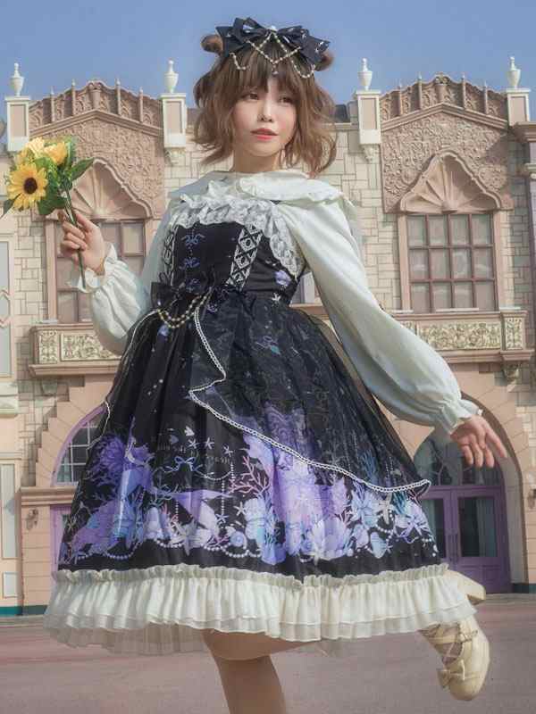 甘ロリ JSKドレス 人魚のひげ柄 フリル ロリータジャンパー