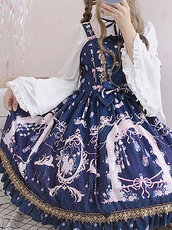 甘ロリ　JSKドレス　ブルー　フリル　ノースリーブ　プリント柄　童話モチーフ柄　ロリータジャンパースカート