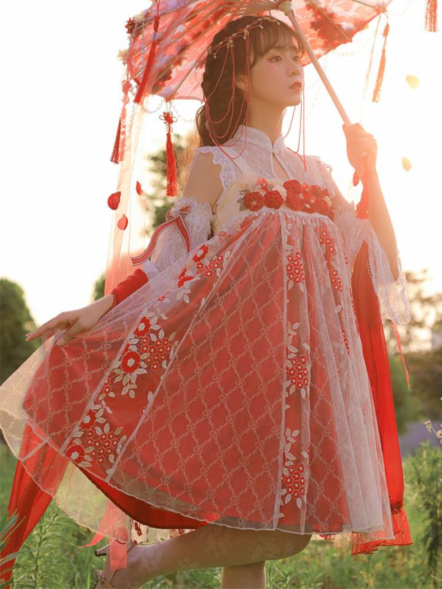 中華ロリ　JSKドレス　ジャンパースカート　レッド　中国風　ロリィタワンピース　赤い　ノースリーブ　刺繍　リボン　プリーツの通販は