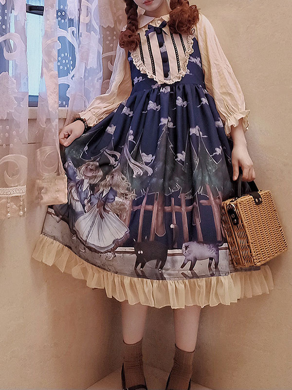 クラシックロリータJSKドレスフォレストコヴナントプリントフリルボウディープブルーロリータジャンパースカート クラシックロリータJSKドレスフォレストコヴナントプリントフリルボウ