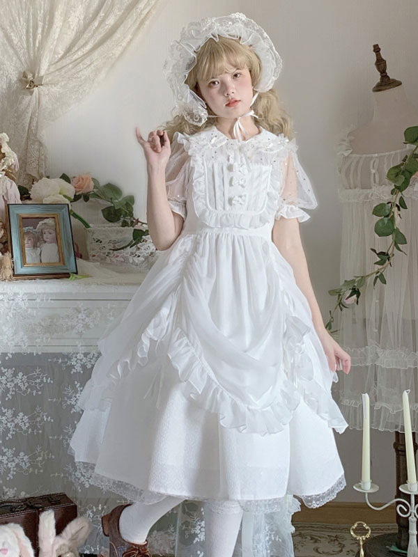 スウィートロリータドレスJSKホワイトフリルロリータジャンパースカート