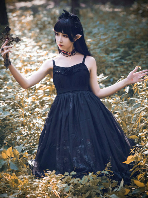 甘いロリータJSKドレスネバーランドブラックノースリーブフリルボウ