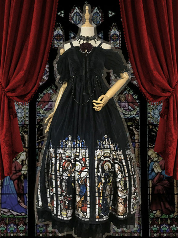 ブラックゴシックロリータJSKドレスネバーランドフローラルプリント