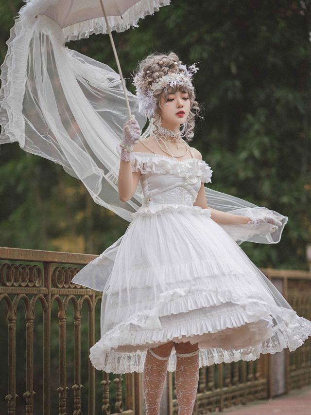 甘いロリータJSKドレス3点セット白いノースリーブレースアップボウ