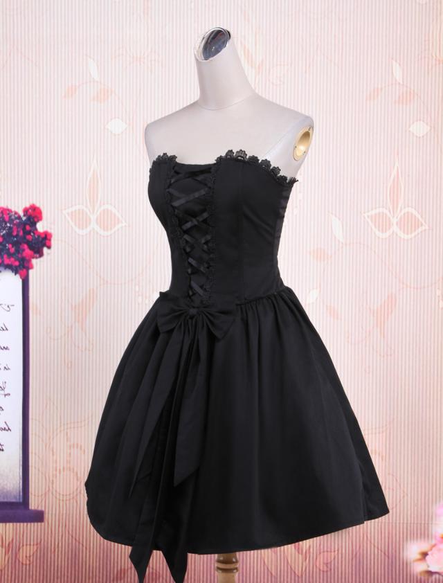 ロリータジャンパースカート，ブラック　ストラップレス　レース　ストラップレスネック　パンク　コットン ロリータジャンパースカート，ブラック ストラップレス レース