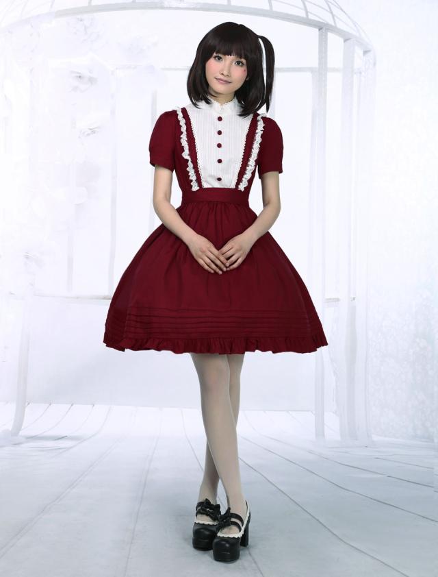 ワインレッド コットン ワンピース ロリィタ服 半袖 レーストリム ワインレッド コットン ワンピース ロリィタ服 半袖 レーストリム