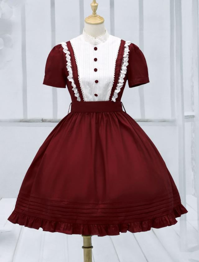 ワインレッド コットン ワンピース ロリィタ服 半袖 レーストリム