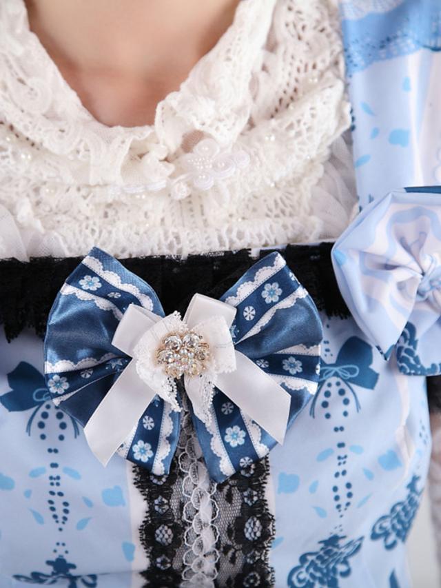 ロリータ服　ワンピース　ブルー　プリント　ジャンパースカート　ポリエステル　スィート　レース　カジュアル ロリータ服 ワンピース ブルー プリント ジャンパースカート