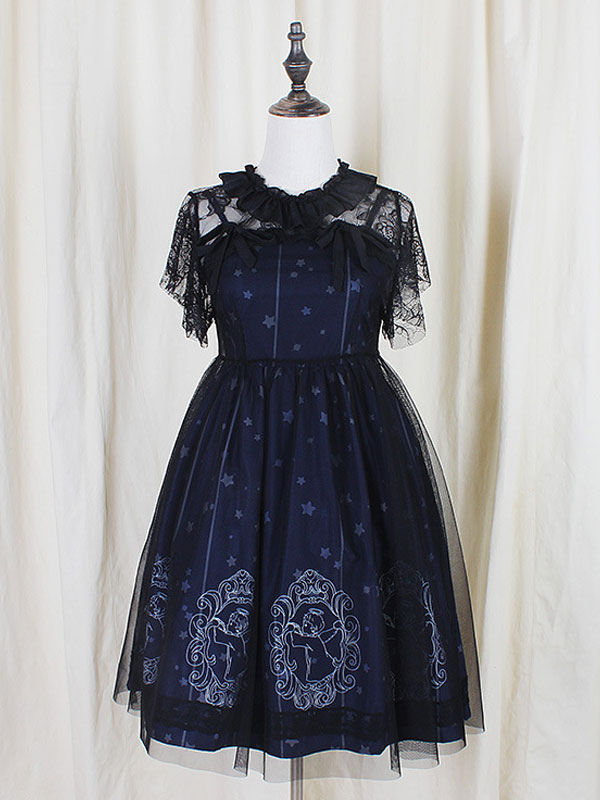 ロリィタドレス ディープブルー プリント柄 レース 可愛い