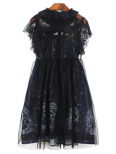 ロリィタドレス　ディープブルー  プリント柄　レース　可愛い ロリィタドレス ディープブルー プリント柄 レース 可愛い